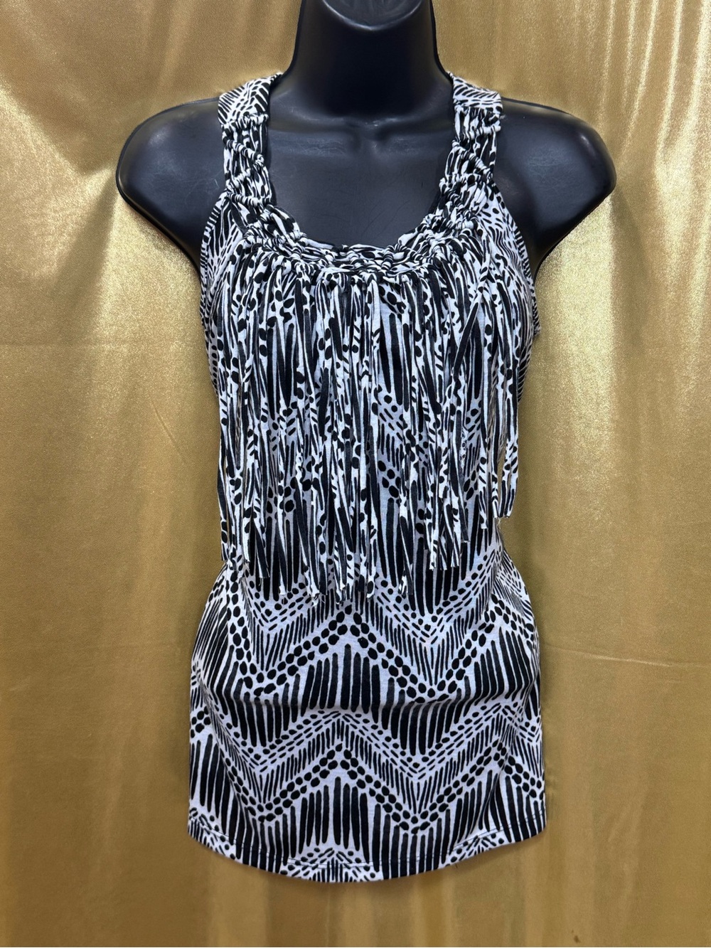 New Directions Black & White Boho Fringe Tank Top Size Medium